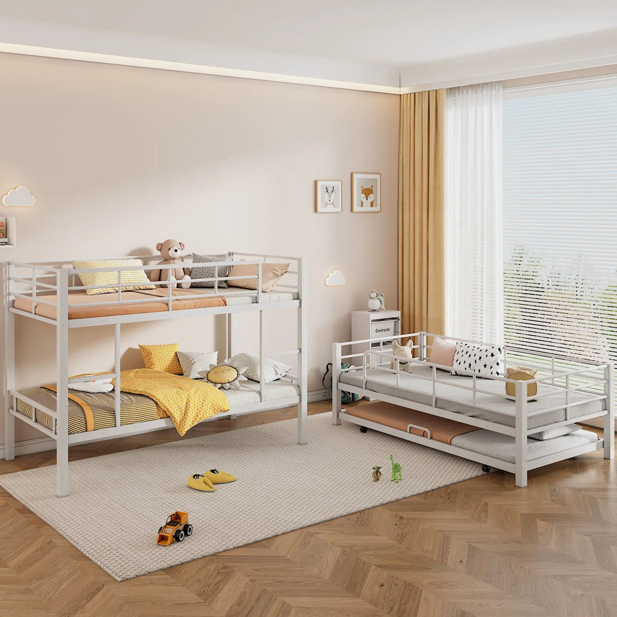 Triple Bunk Bed | Heavy Duty Steel | Built In Trundle | Full Guardrails