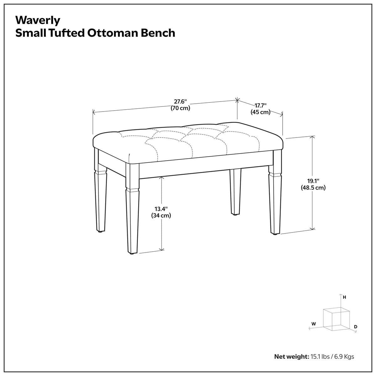 Waverly Upholstered Ottoman Bench | Tufting Detail | Carved Legs | Solid Wood Frame