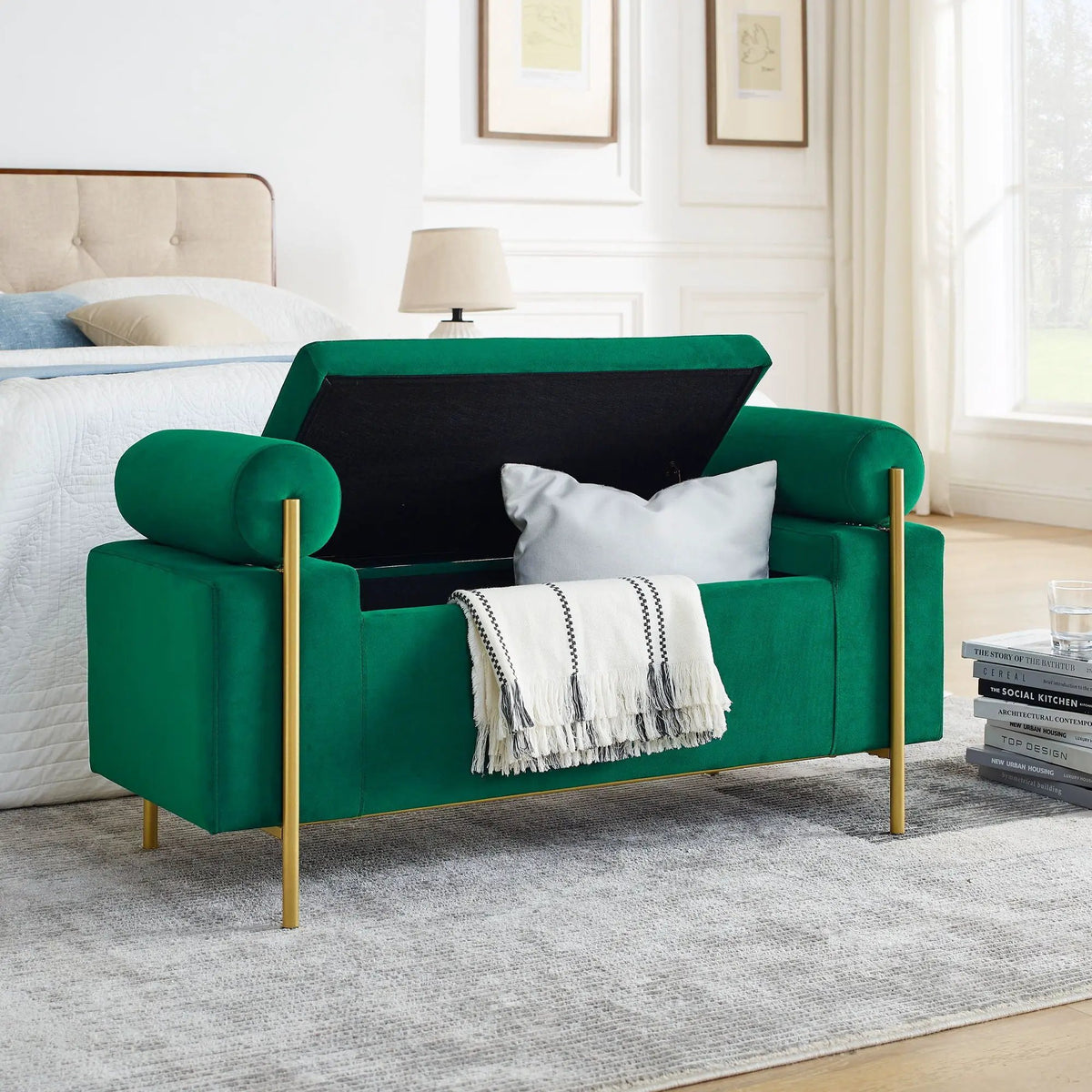 Upholstered Storage Bench | Cylindrical Arms | Iron Legs