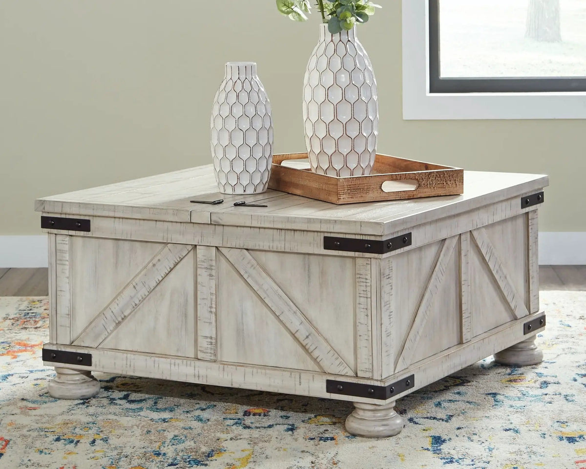 Carynhurst Cocktail Table with Storage | 36 x 36 x 18.25 in | Engineered Wood & Metal | Whitewash
