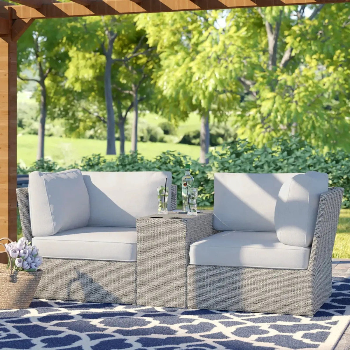 Outdoor Wicker Loveseat | 3-Piece Set | Aluminum Frame | 5 Inch Cushions