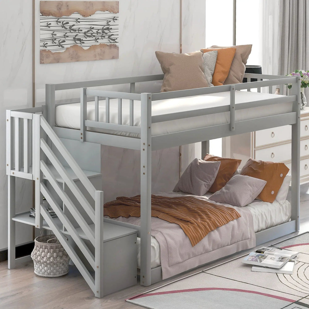 Floor Bunk Bed | Dual Guardrails | Ladder Storage | Twin Over Twin