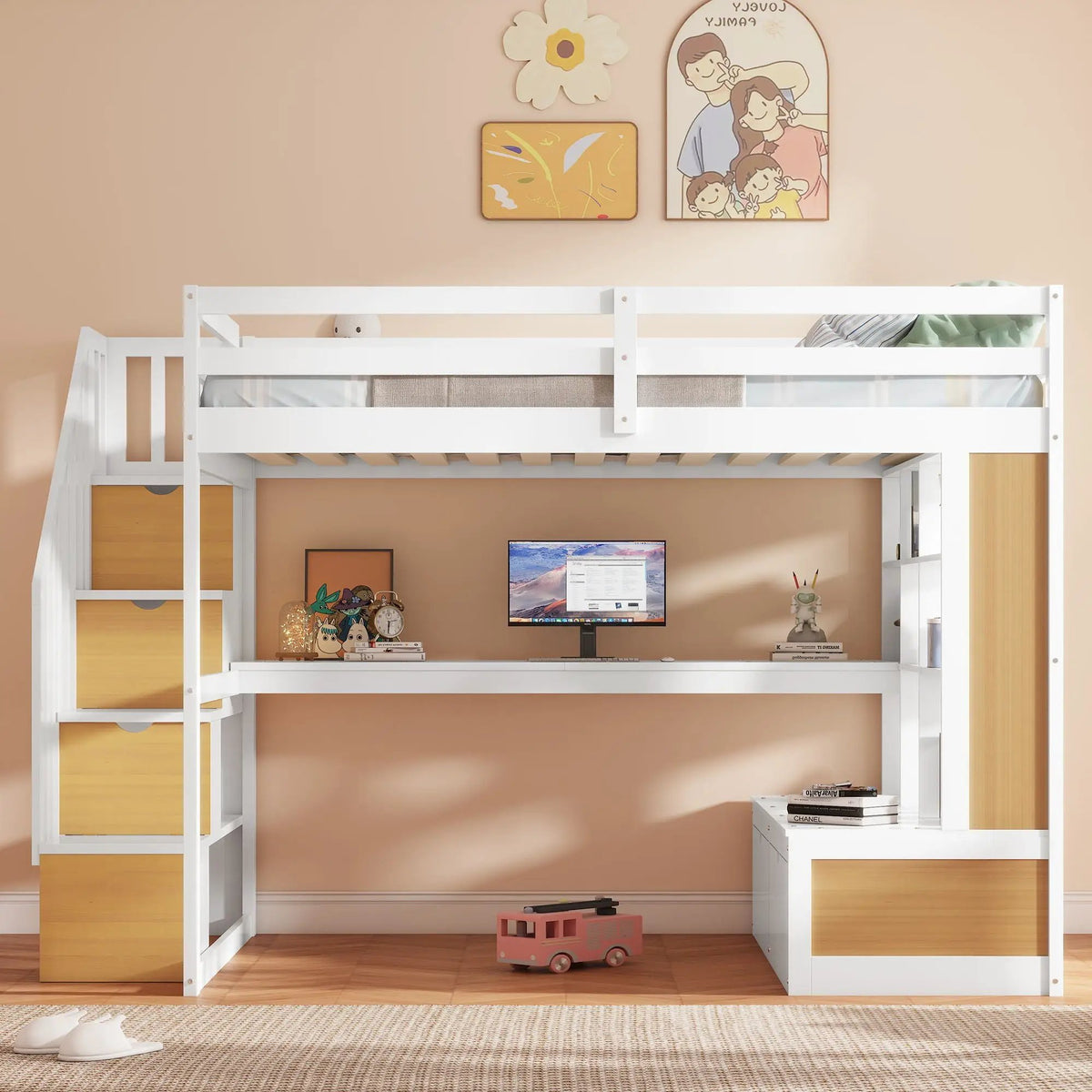 Full Size Loft Bed | Desk Shelves Drawers | Storage Staircase | Natural White