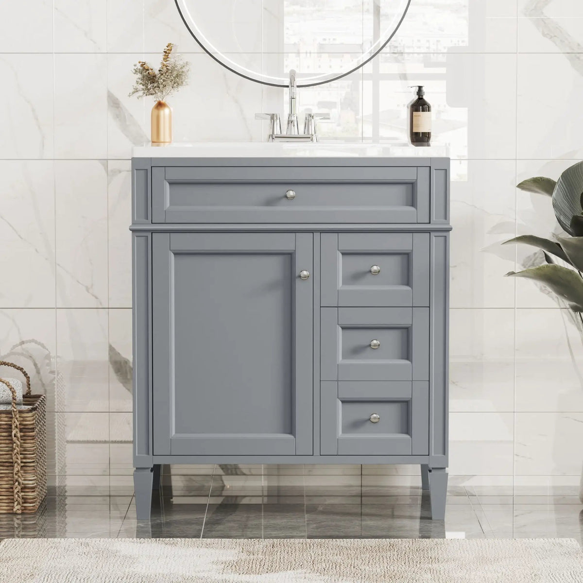 30 Inch Bathroom Vanity With Top Sink | 2 Drawers | Tip-Out Drawer | Vintage-Inspired Handles