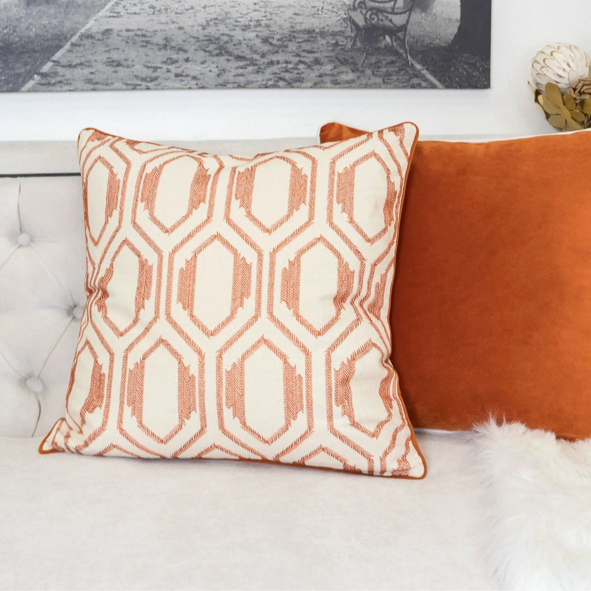 Geometric Embroidered Throw Pillow | Rust Burnt Orange | Natural Cotton Base | 20 x 20 Inch