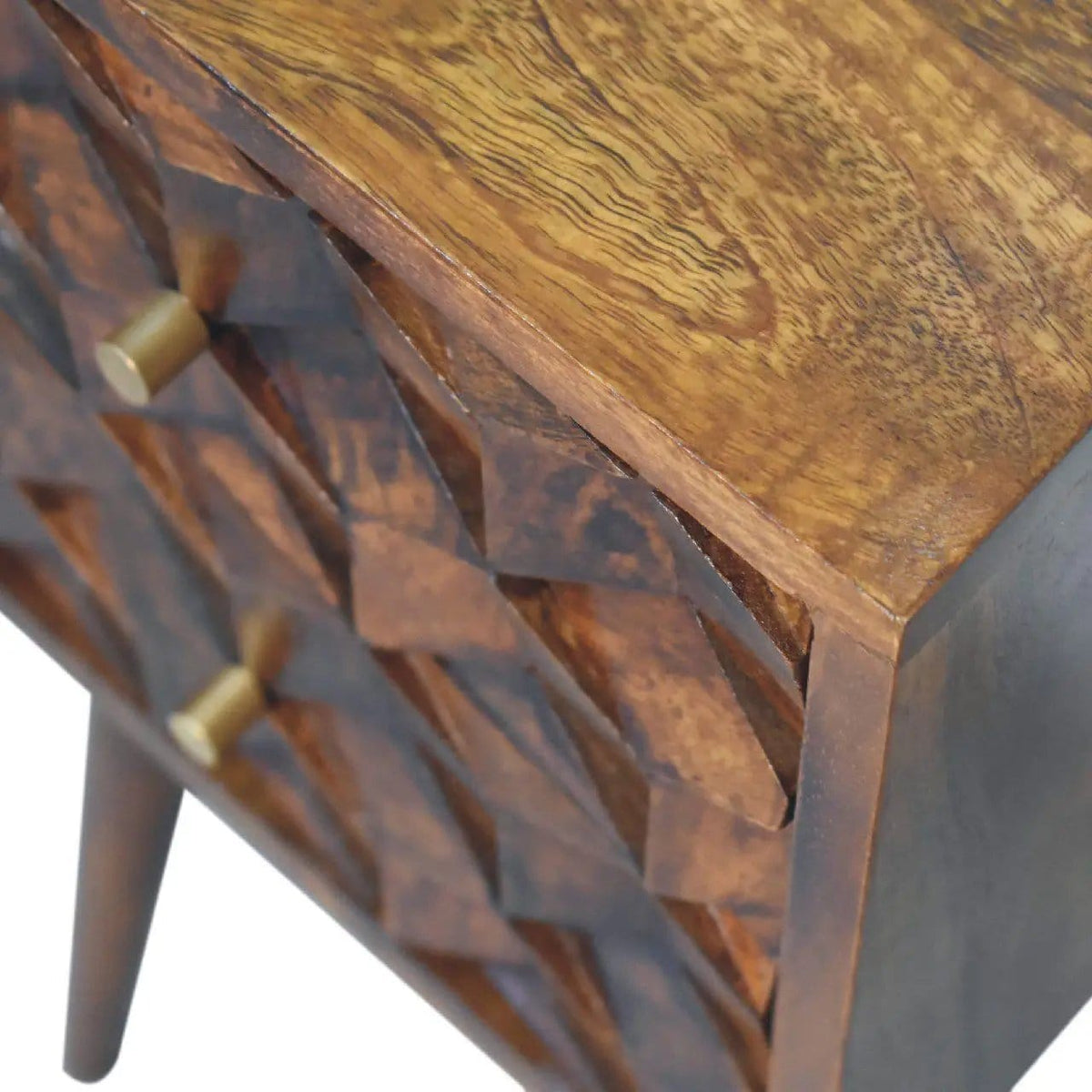 Mini Cube Carved 2 Drawer Nightstand | 12.2 x 11.81 x 24.41 in | Mango Wood & Brass | Bedroom