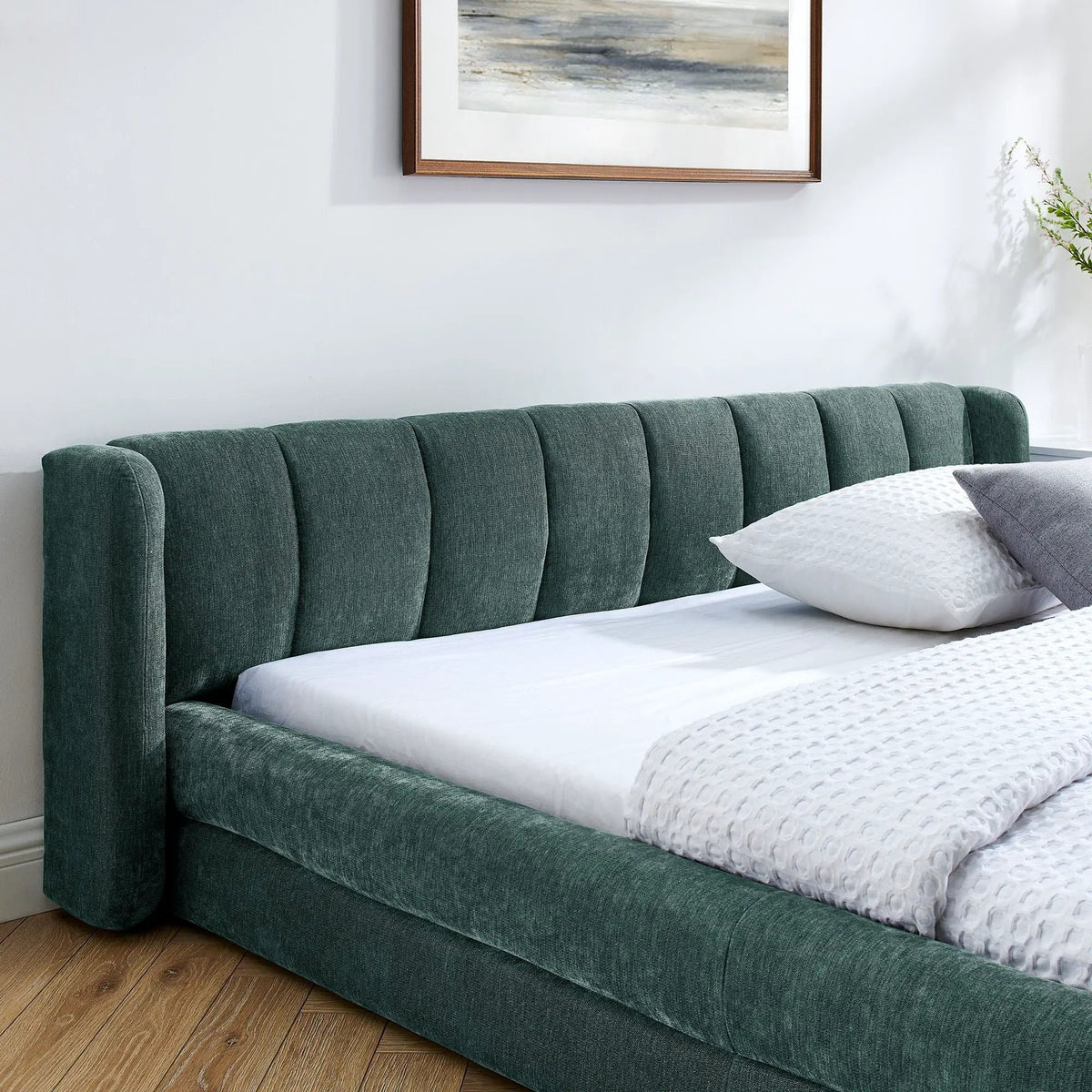 Modern Upholstered Bed Frame | Queen Size | Thick Fabric Upholstery | Grounded Headboard Design