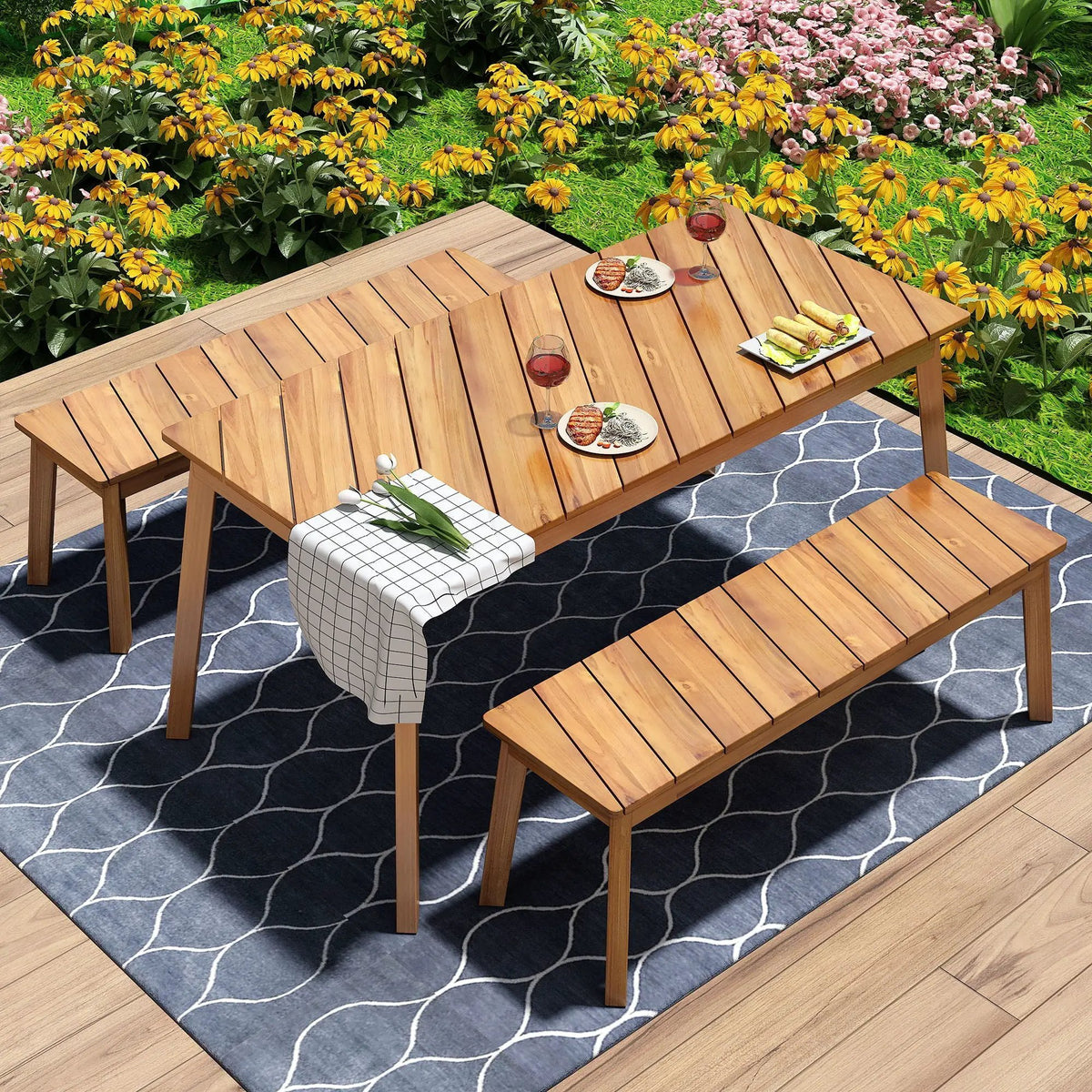 Acacia Wood Dining Set | 3 Piece Table | 2 Benches | Natural Finish