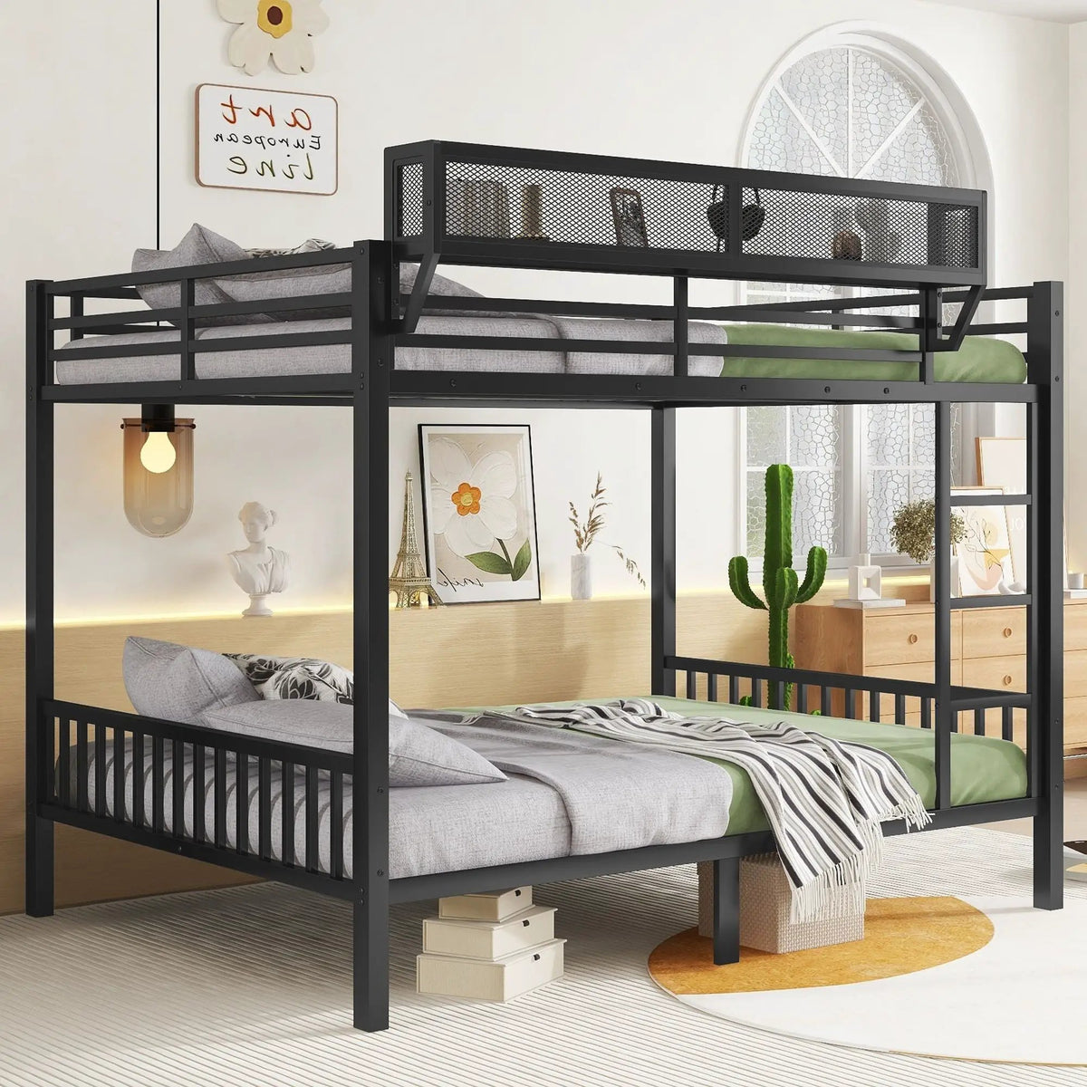Queen Over Queen Bunk Bed | Durable Steel Frame | Storage Shelf | Black