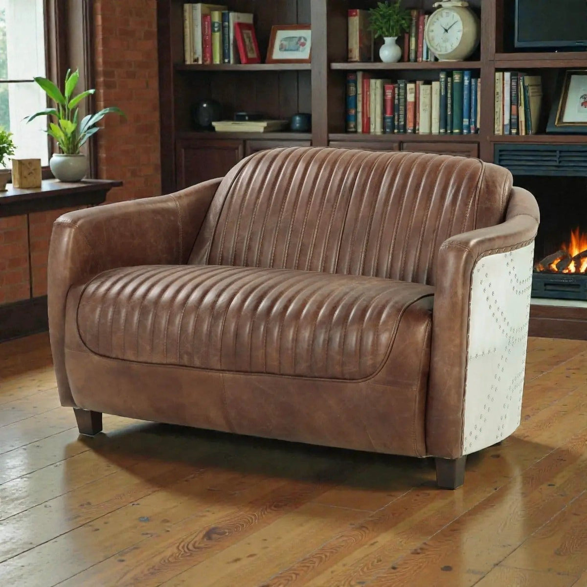 Brancaster Grain Leather Loveseat | 37 x 50 x 31 in | Leather & Aluminum | Brown
