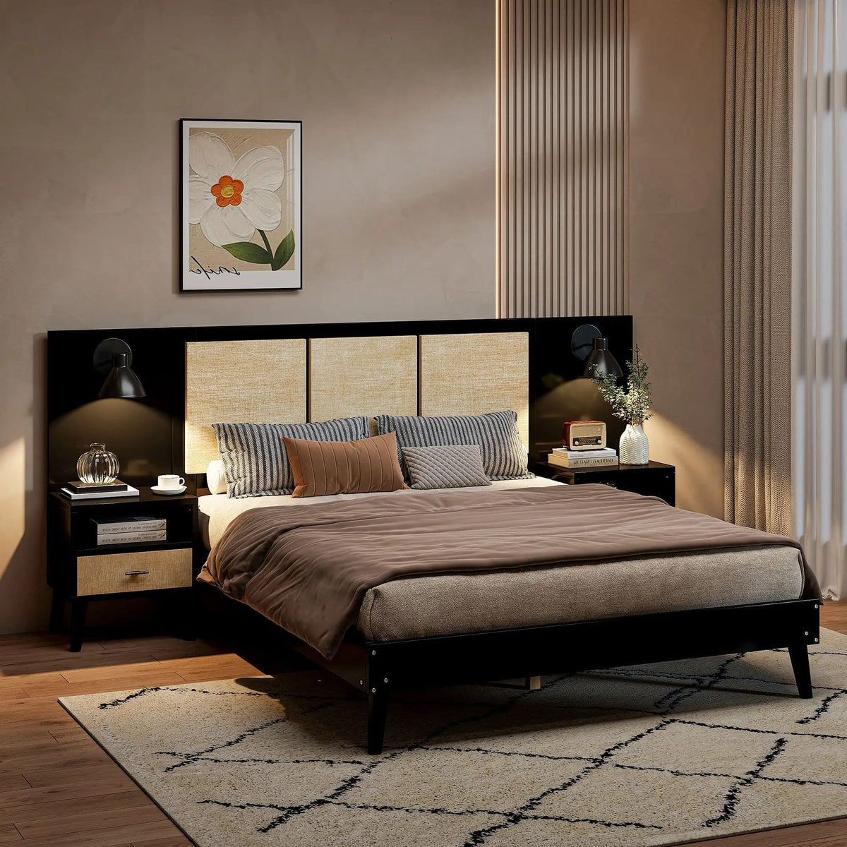 Bed Frame With 2 Nightstands Elegant Design With Lamps 3 Piece Bedroom Set | 84 x 98 x 41.3 in | Solid Wood & Rattan | Bedroom