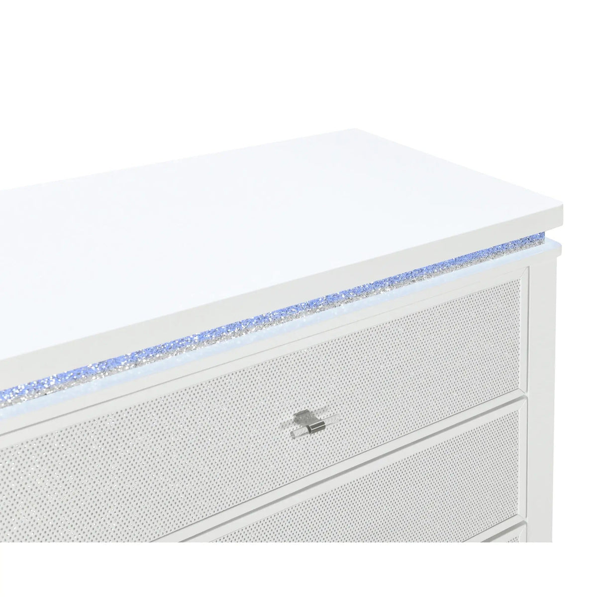 Adalid Dresser With LED Light And Glittered Drawer Fronts | 62 x 17.5 x 38.94 in | Solid Wood & Mdf | White