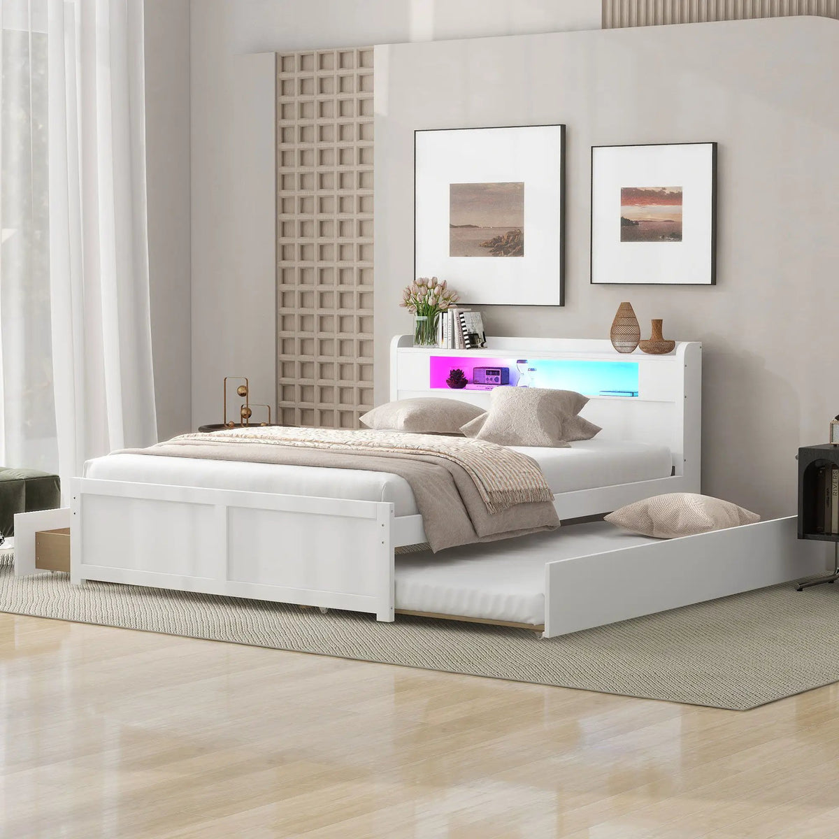 Storage Platform Bed | Color Changing LED Lights | Twin Trundle | 2 Drawers