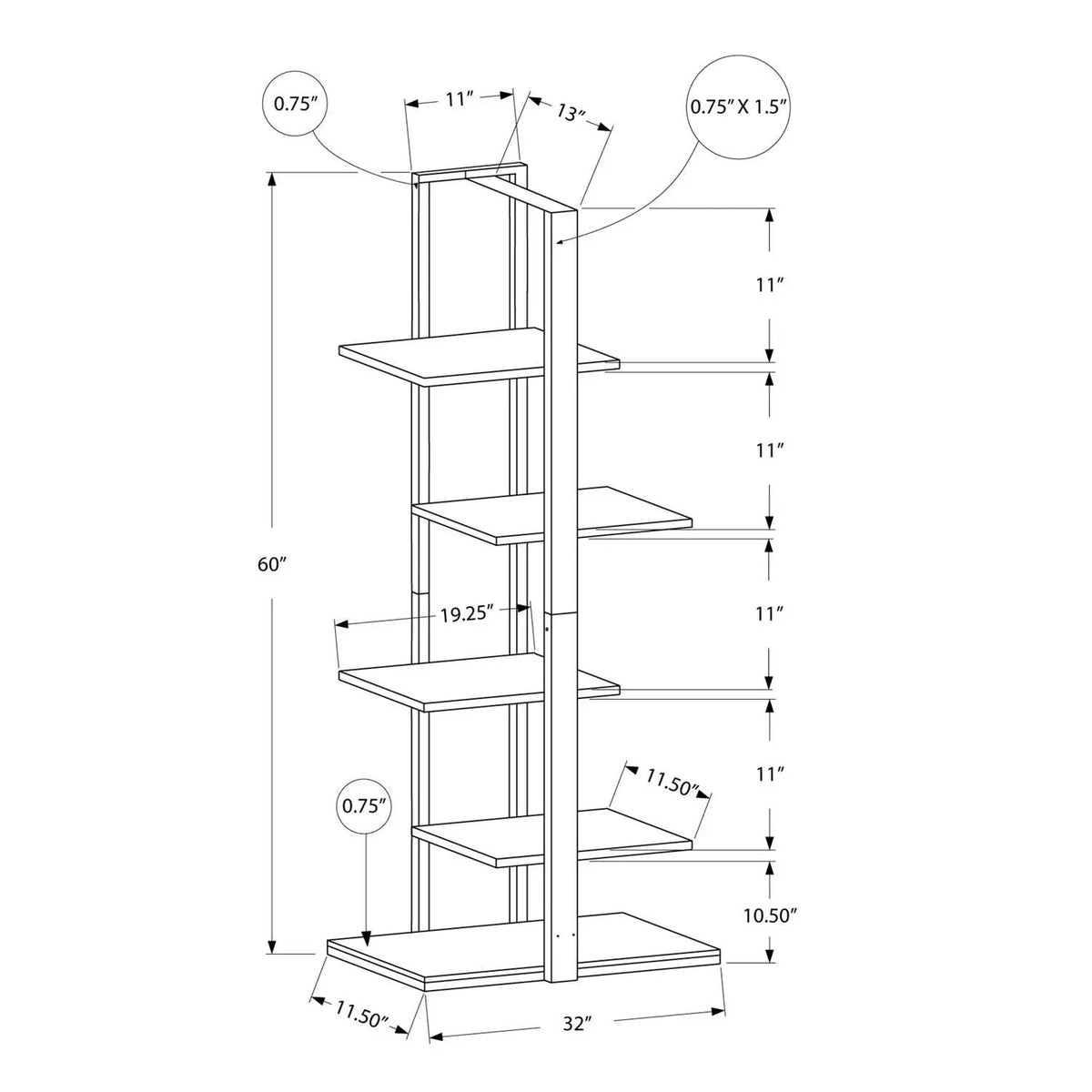 5 Tier Etagere Bookcase | Asymmetrical Zig-Zag Design | Solid Metal Base | Modern Industrial