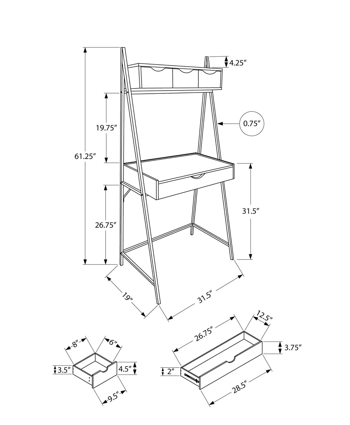 Leaning Computer Desk | 61.25 Inch Height | Long Storage Drawer | Strong Metal Frame