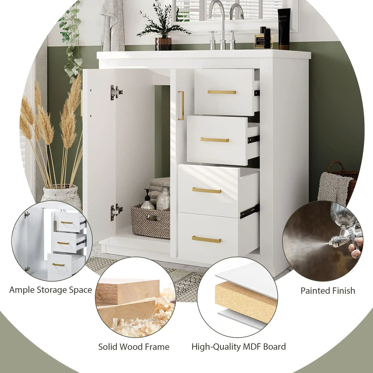 30 Inch Bathroom Vanity | Freestanding Set | 3 Drawers | Solid Wood Frame