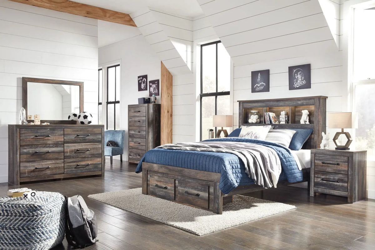 Drystan Panel Bookcase Bed | Storage Headboard | Rustic Industrial Style | 85 Inch Length