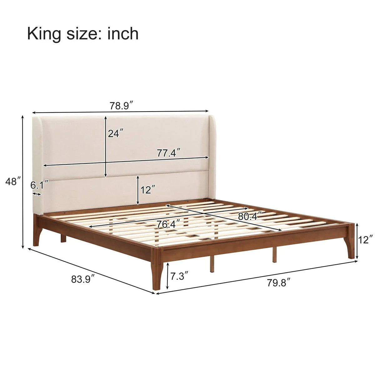 King Size Platform Bed With Upholstered High Headboard - | 83.9 x 78.9 x 48 in | Bamboo & Plywood | Brown
