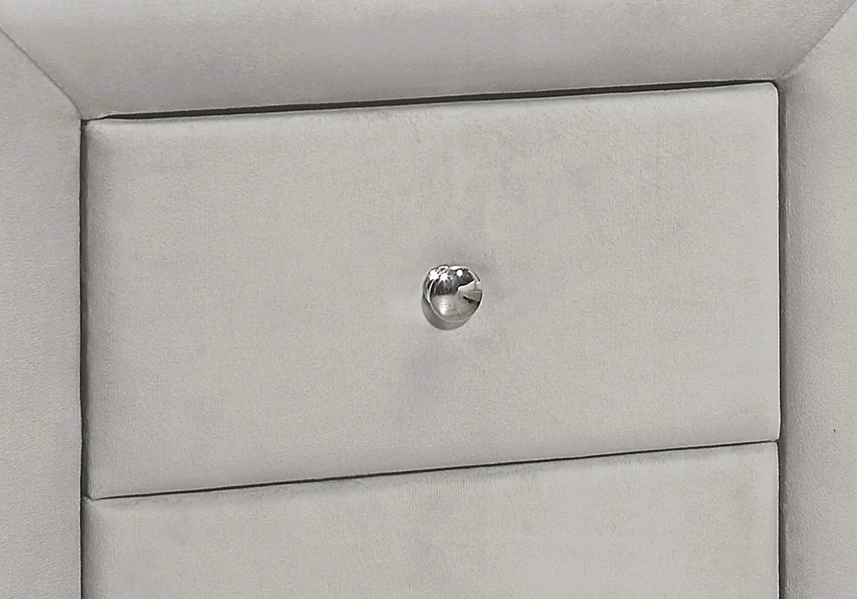 Upholstered Nightstand | Transitional Style | Two Storage Drawers | Metal Drawer Knobs