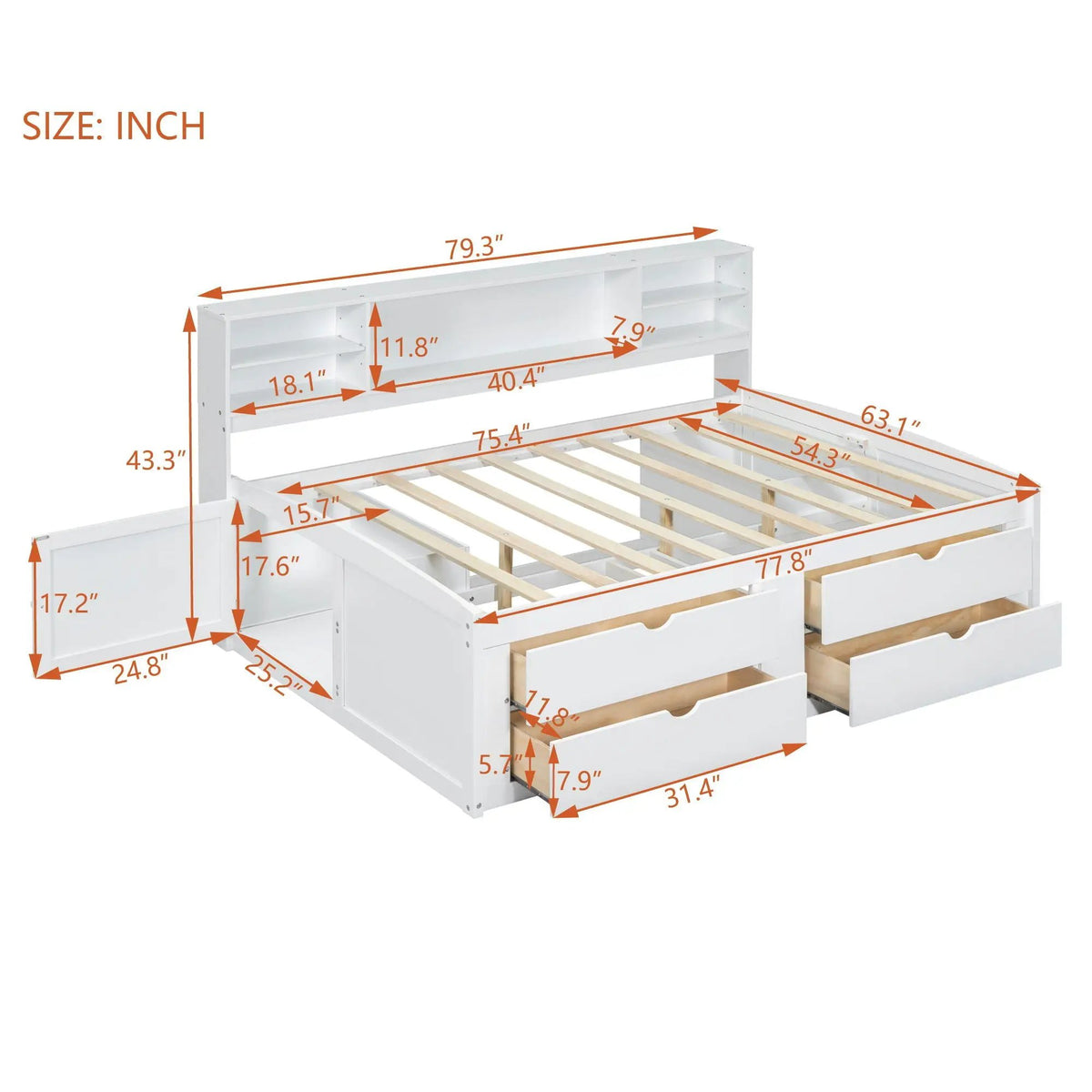 Daybed With Storage | 2 Bedside Cabinets | Upper Shelves | 4 Drawers