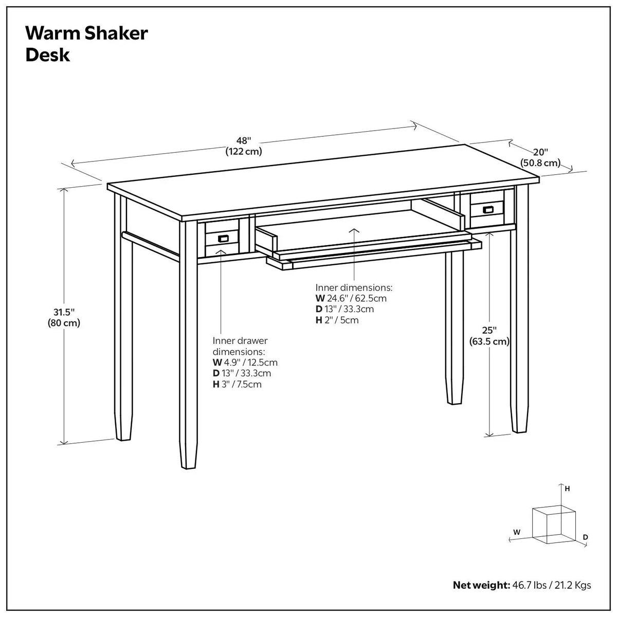 Warm Shaker Handcrafted Desk | Solid Wood | NC Lacquer Finish | 48 Inch Length