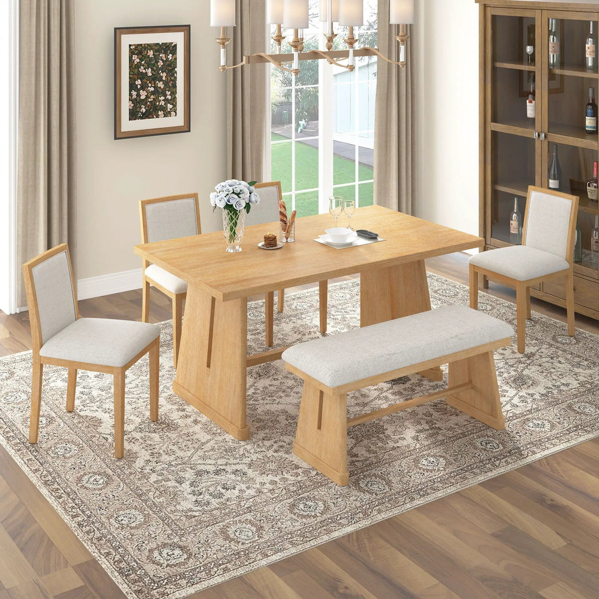Dining Set | Rectangular Table | 4 Chairs 1 Bench | Seats 6