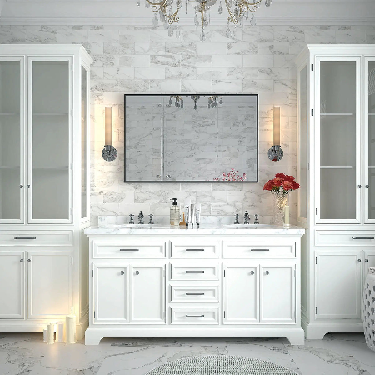 Rectangular Bathroom Mirror | Square Angle Metal Frame | Floating Glass Design | Beveled Edge