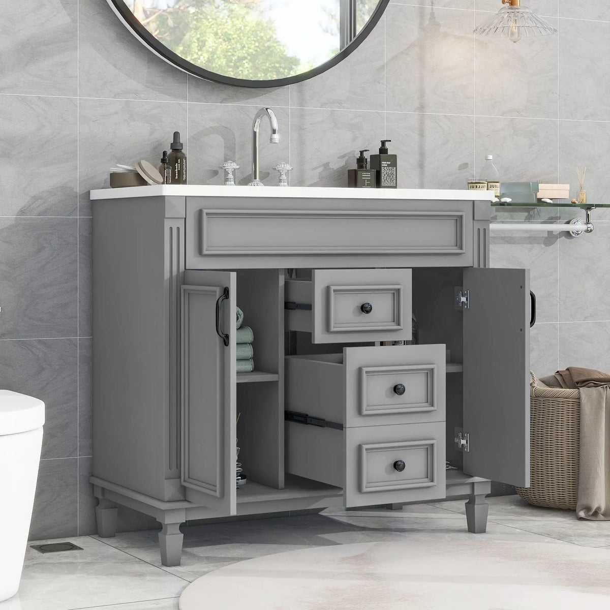 36 Inch Bathroom Vanity With Top Sink | Basin On Cabinet | 2 Soft Closing Doors | 2 Drawers