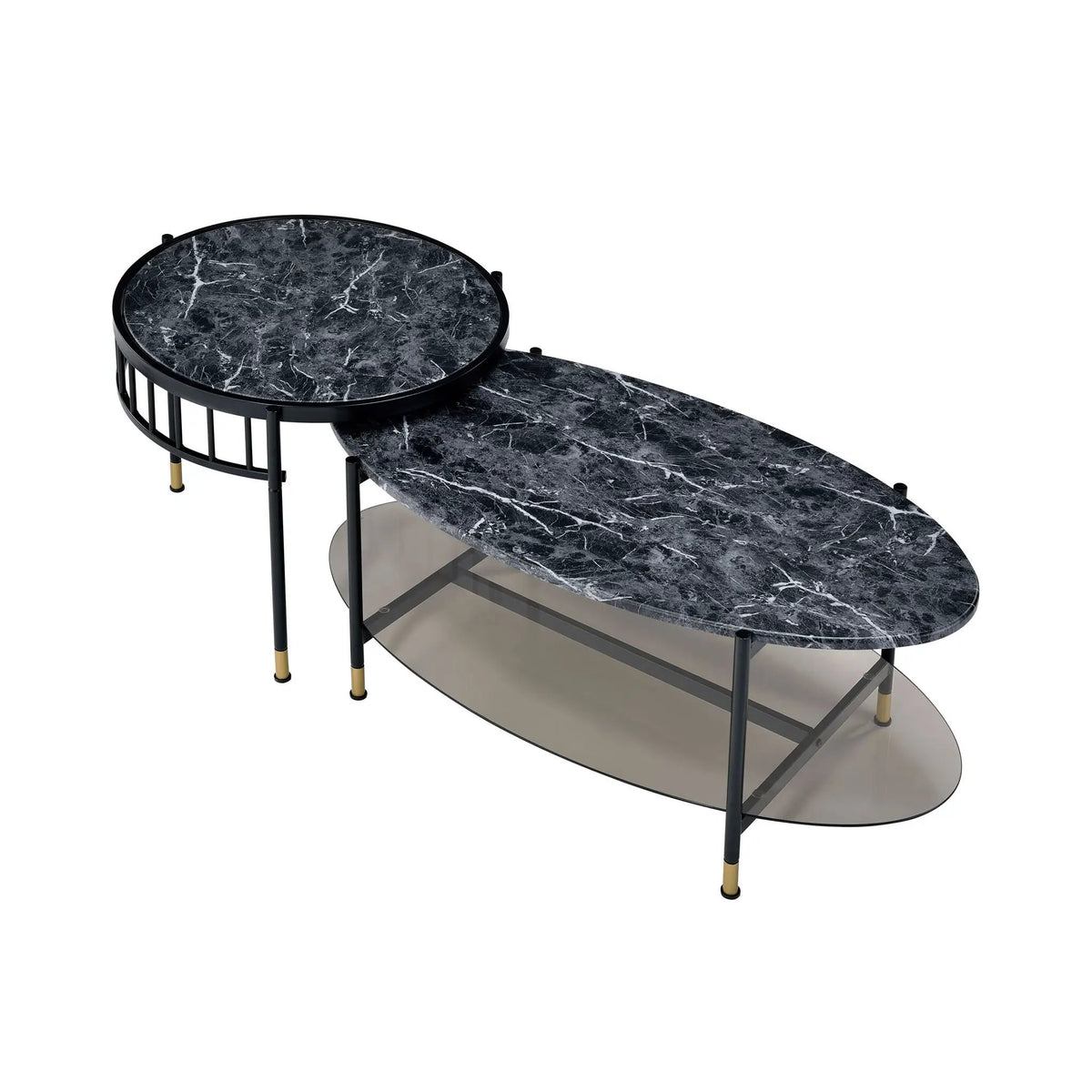 Silas Nesting Table Set | Black | Engineered Stone Top | Oval Coffee Table With Lower Shelf