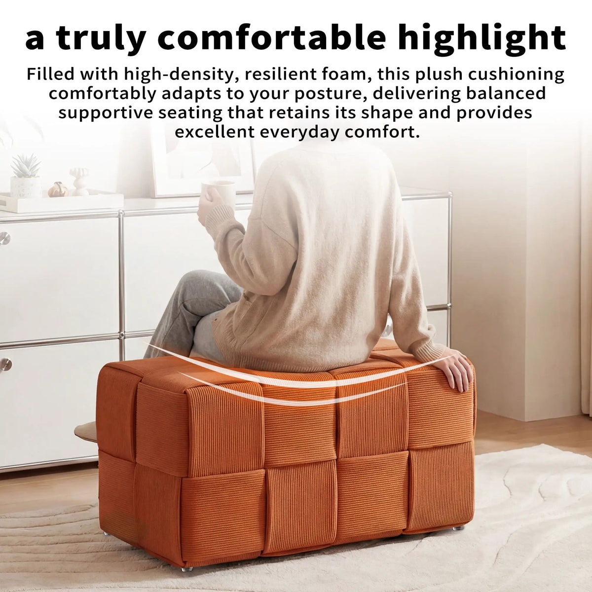 Modern Ottoman Foot Rest | Woven Design | Engineered Wood Frame | 14.2 Inch Cube