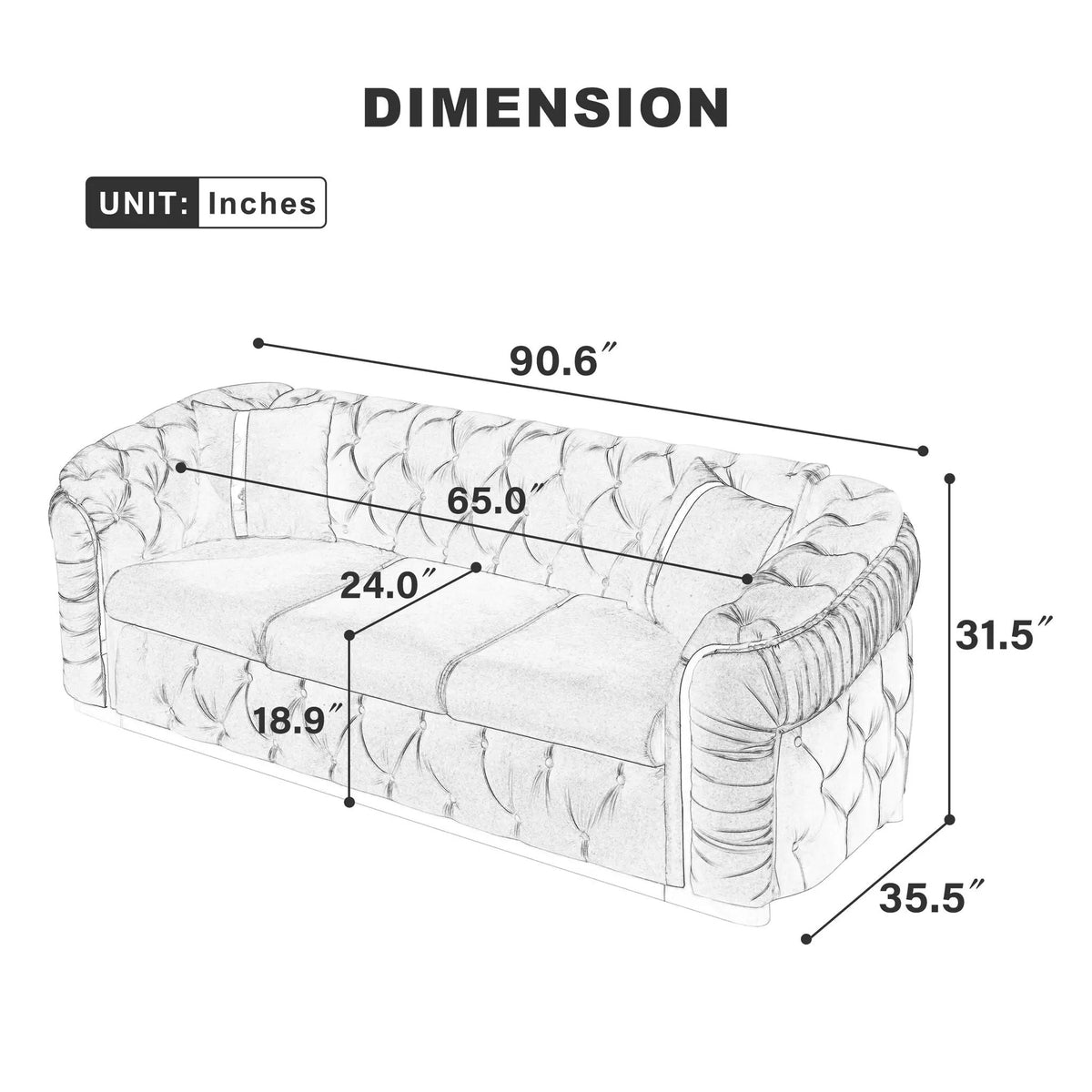Button Tufted Chesterfield Sofa | 3 Seater | 2 Decorative Pillows | 90.6 Inch Length
