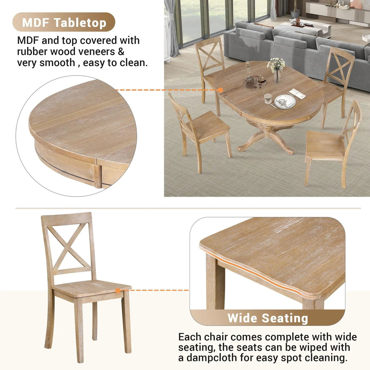 Round Dining Table Set | 4 Matching Chairs | Modern Design | Rubberwood Top