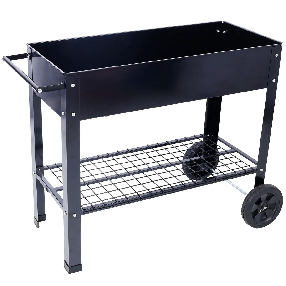 Raised Metal Planter | Wheeled Base | Storage Shelf | Black