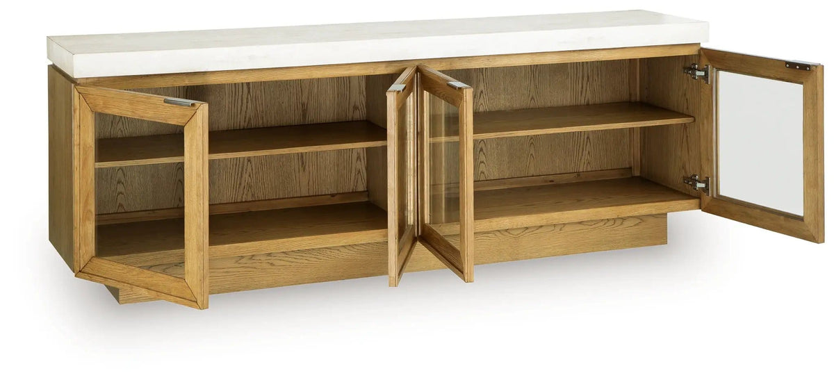 Adanworth Accent Cabinet | 80.13 x 17.13 x 30.13 in | Oak Veneer & Glass | Light Brown / Gray