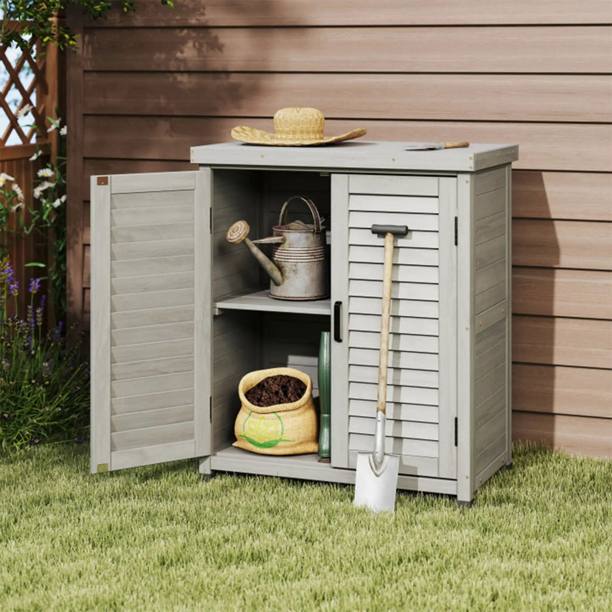 Outdoor Potting Bench | Storage Cabinet | Metal Table Top | Hemlock Wood Construction