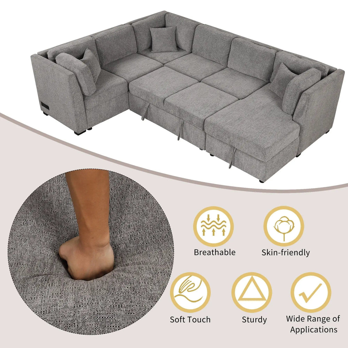 U-Shaped Sectional Sofa Pull Out Sofa Bed With Two USB Ports, Two Power Sockets | 3 Pieces | Fabric | Bedroom