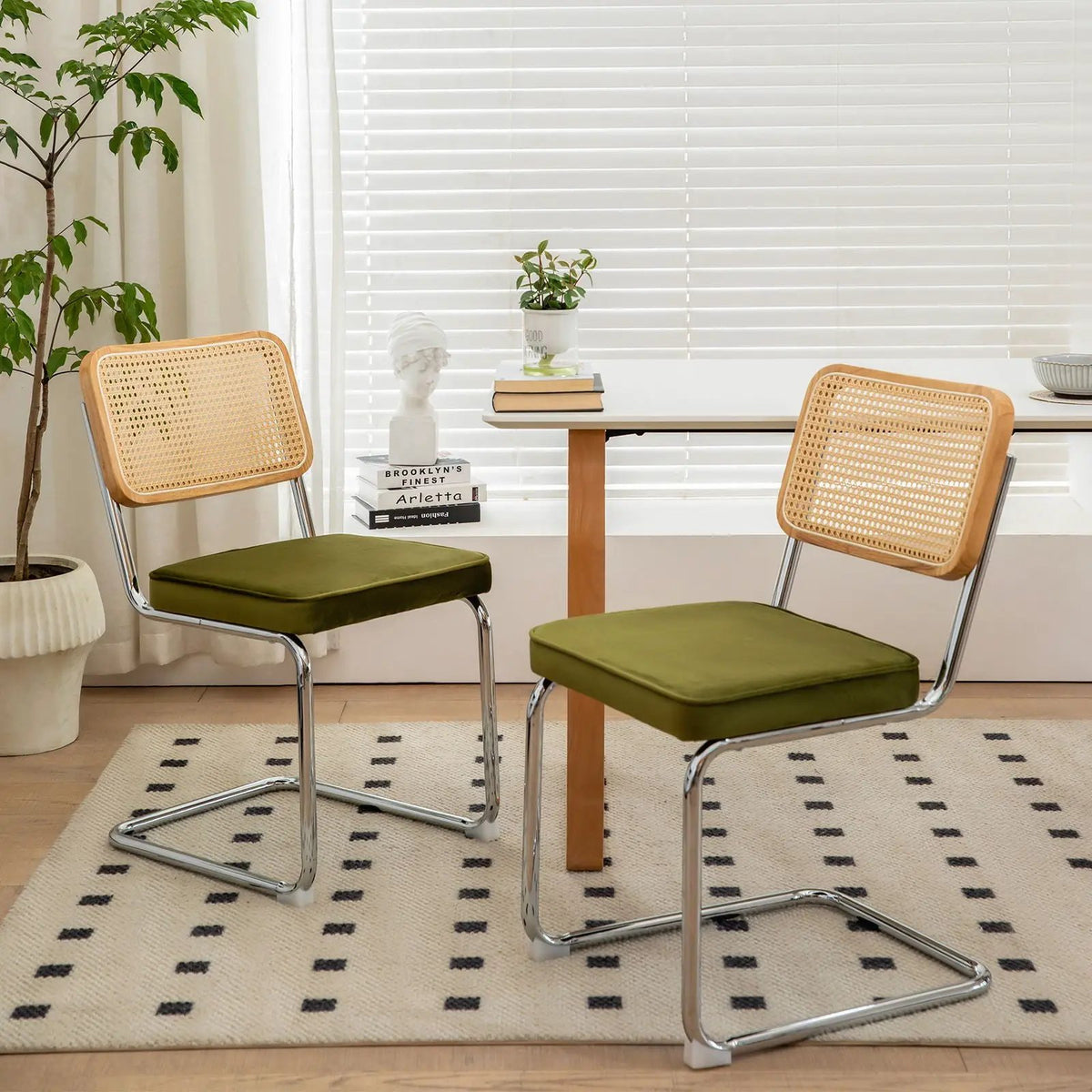 Rattan Dining Chairs | Set Of 2 | Painted Legs | Cantilever Mid-Century Style