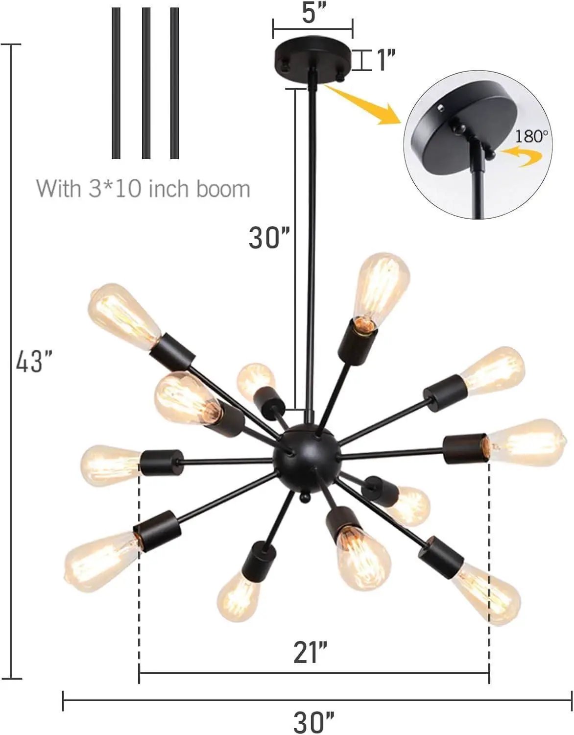 Black 12 Light Sputnik Chandelier Farmhouse Pendant from PriceLows™