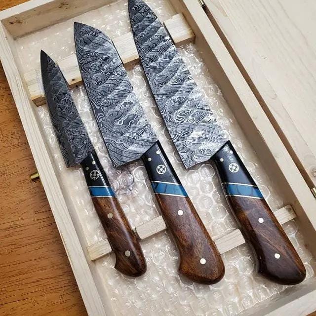 Custom Handmade Forged Damascus Steel Chef Knife Set with Rosewood, Buffalo Horn | 13 Inch | Damascus Steel | Kitchen Knives Set