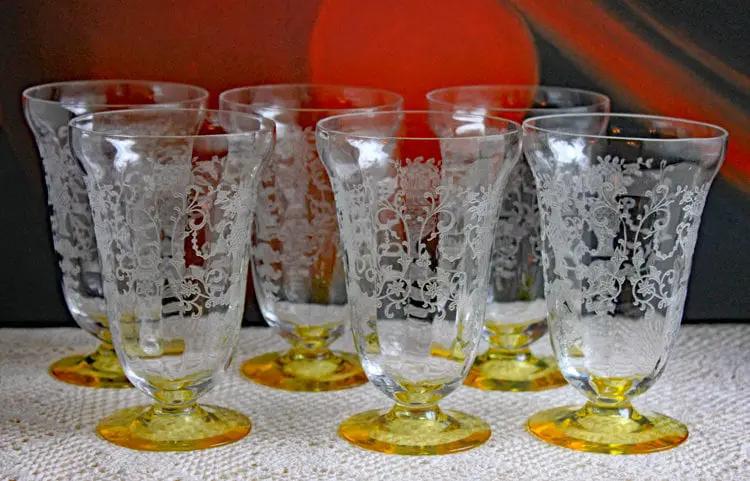 Champagne Glasses | Set Of Six | Light Yellow Topaz | Low Sherbet Gold Rim