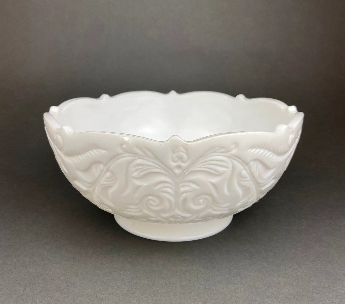 Milk Glass Bowl And Butter Dish Set | Waffle Pattern | Scalloped Edge | 7 Inch