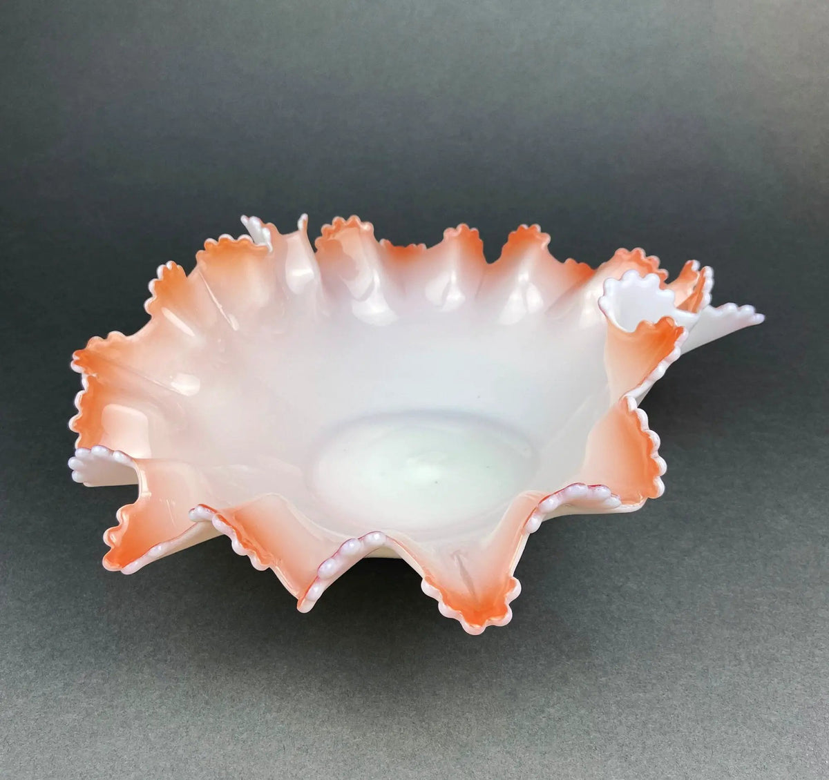 Vintage Opalescent Glass Serving Bowl | White Pink | Ruffled Edge | 10 Inch