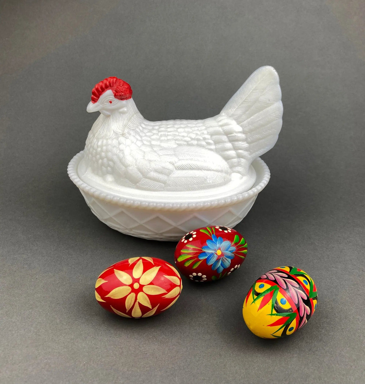 Milk Glass Rooster Covered Bowl | Lidded Butter Dish | 5.5 Inches | White