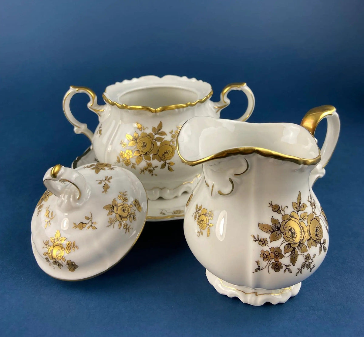 Stunning Antique White and Gold Tea Set Trio | Weimar Porcelain, Katharina Pattern | Hand Painted Floral Gold Trim | Collectors & Hosts