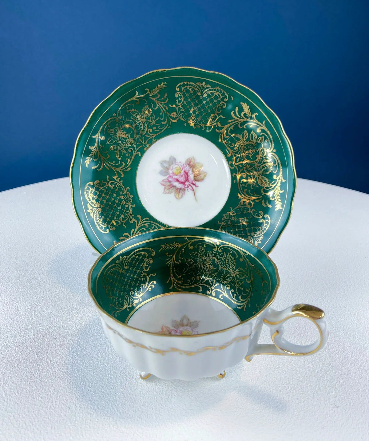 Vintage Tea Cup Trio | Deep Green Porcelain | Handpainted | 3.75 Inch
