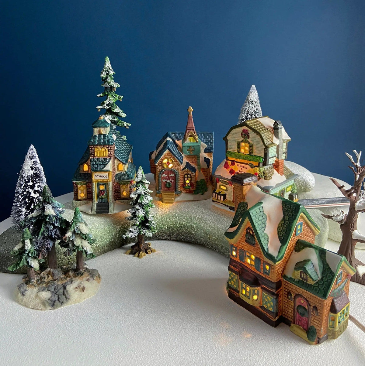 Christmas Village Collection of Small Illuminated Houses | Set of 4 Bldgs: Mill, 2 Churches, Train St., Council Offices, 2 Sheep and 3 Pines | Collectible Vintage | Collectors & Hosts