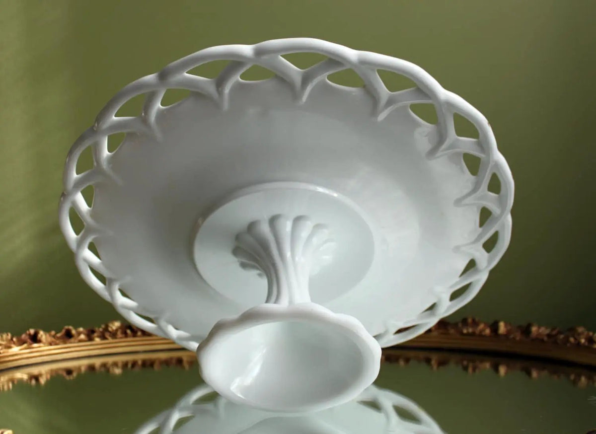 Milk Glass Pedestal Bowl | Doric Pattern | Lace Edge | 10 Inch