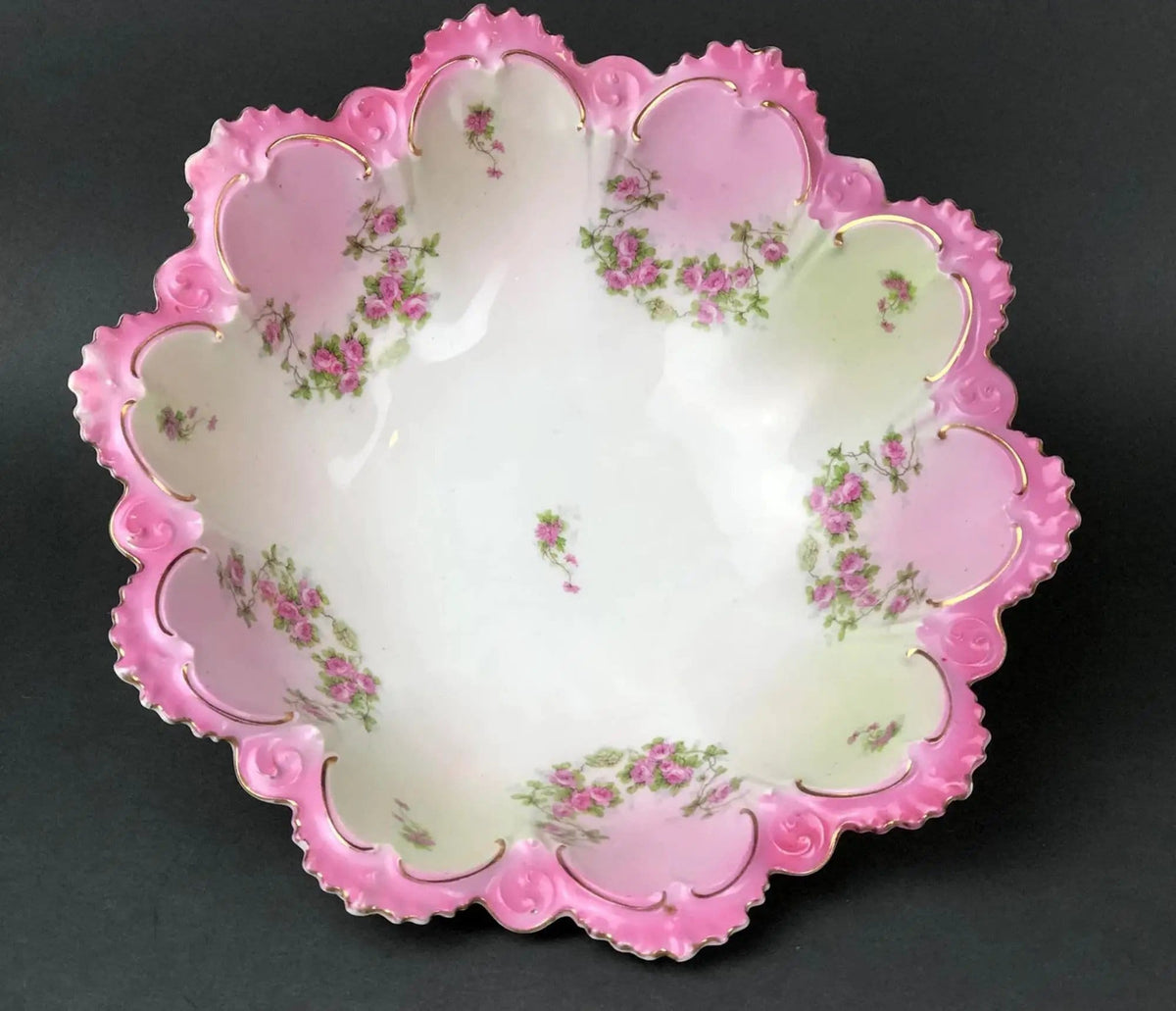 Antique Austrian Hand Painted Porcelain Serving Bowl with Matching Salad Dessert Bowls | Rose Motif Ornate Scalloped Edge | Dining Room Decor | Collectors & Hosts