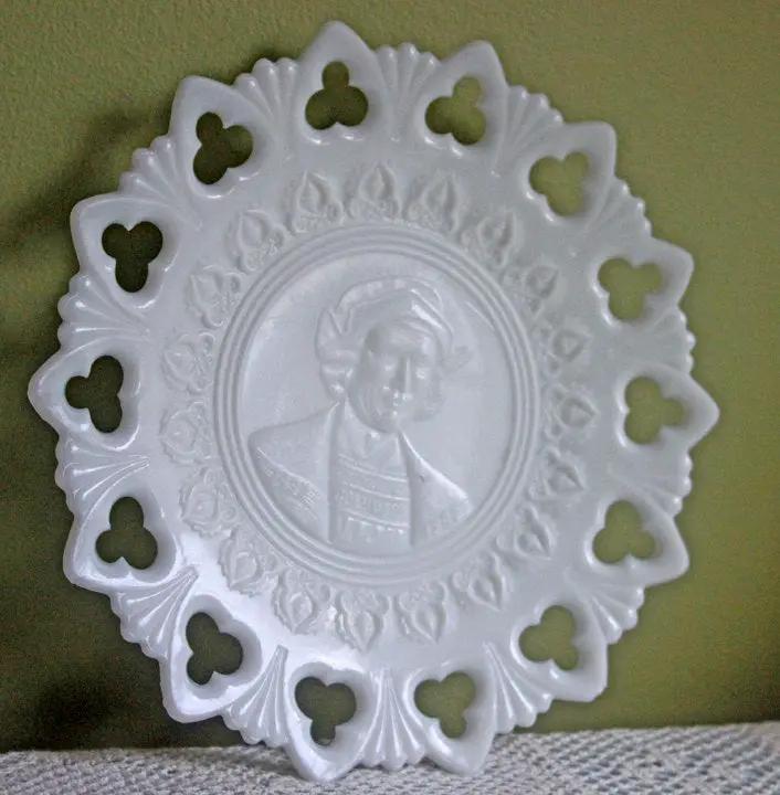 Milk Glass Display Plate | Embossed Columbus | Lacy Rim | 9.75 Inch