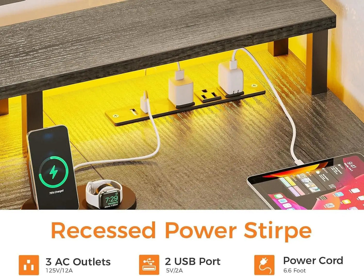 Grey Oak 75 Inch L Shaped Desk With Power Outlet And LED Lighting from PriceLows™